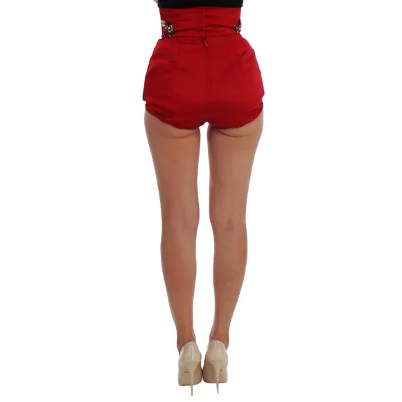 Dolce & Gabbana Red Silk Crystal Roses Shorts